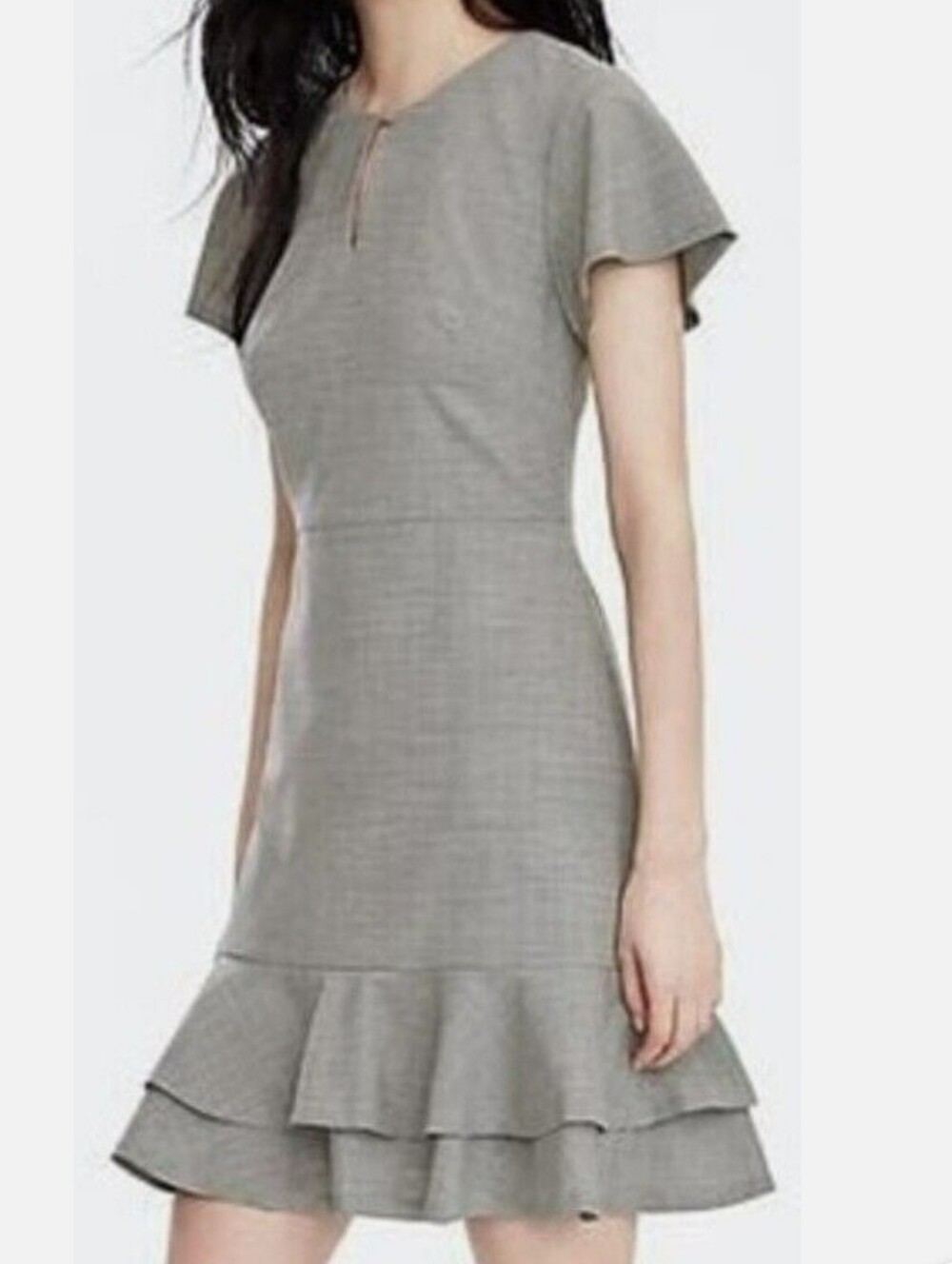 Banana Republic Heather Gray Crepe Wool Ruffle Hem Fit and Flare Mini Dress